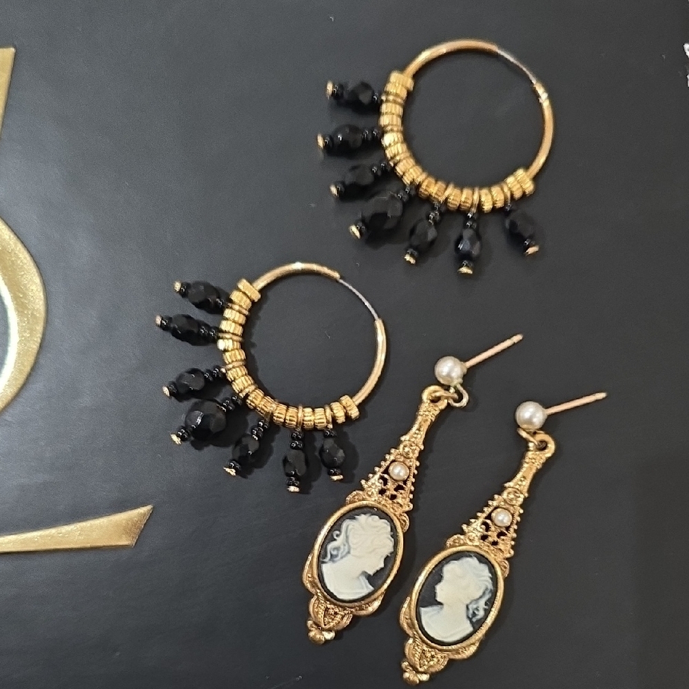 Vintage Gold and Black Cameo Earrings 2x Set